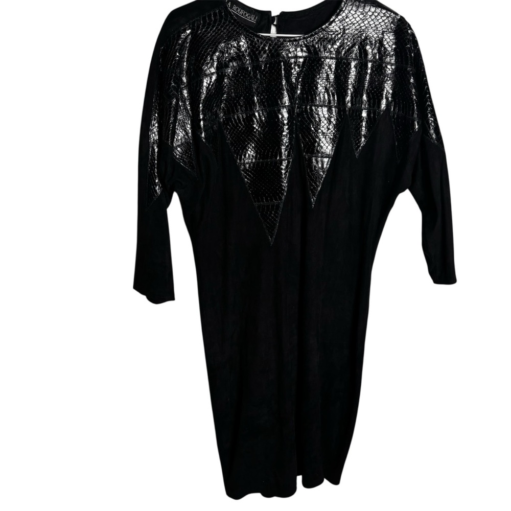 Vintage 80s/90s black leather with snake skin reptile 3/4 sleeve midi dress